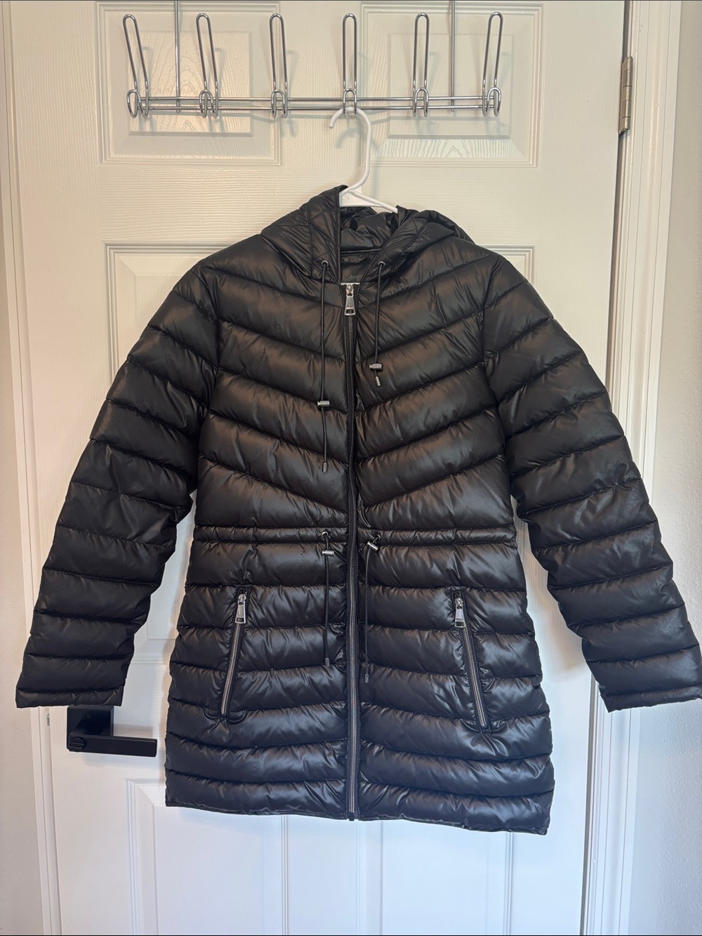 DKNY Black Quilted Hooded Puffer Coat